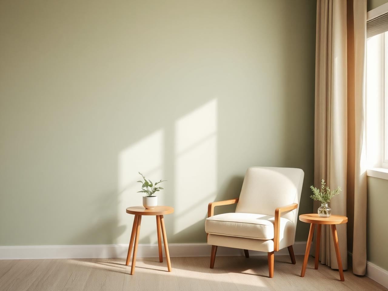 Consultório de psicologia com decoração serena em tons de sálvia e areia